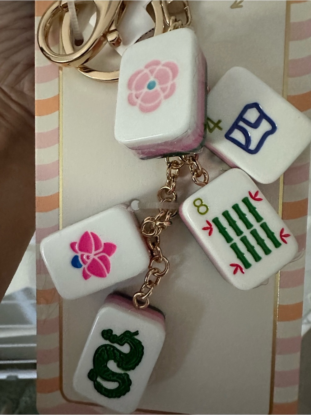 Piper Hand-Painted Mahjong Tile Bag Charm in Pink, White & Gold - Picture 2 of 3